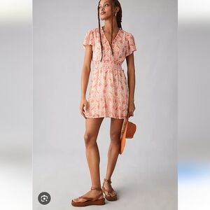 PAIGE Peach Floral Short Sleeve V-Neck Mini Dress